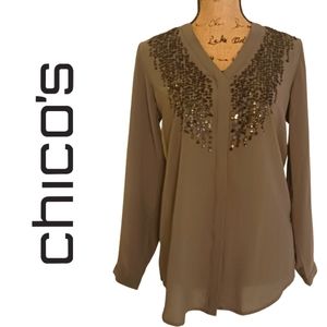 Chico's Gray Multicolor Sequins Long Sleeve Button Down Size 0